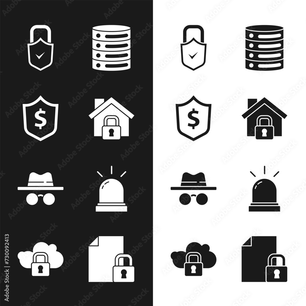 Poster set house under protection, shield with dollar, lock and check mark, server, data, web hosting, inco