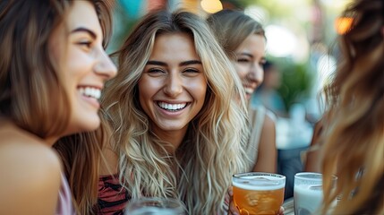 Radiant young woman smiling with friends at a cafe.