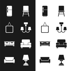 Set Chandelier, Mirror, Refrigerator, Chair, Chest of drawers, Armchair, Table lamp and Sofa icon. Vector