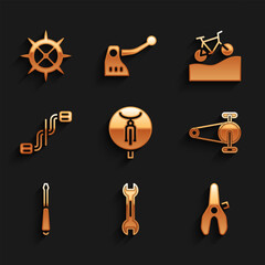 Set Bicycle, Wrench spanner, seat, chain with gear, Screwdriver, pedals, Mountain bicycle and sprocket crank icon. Vector