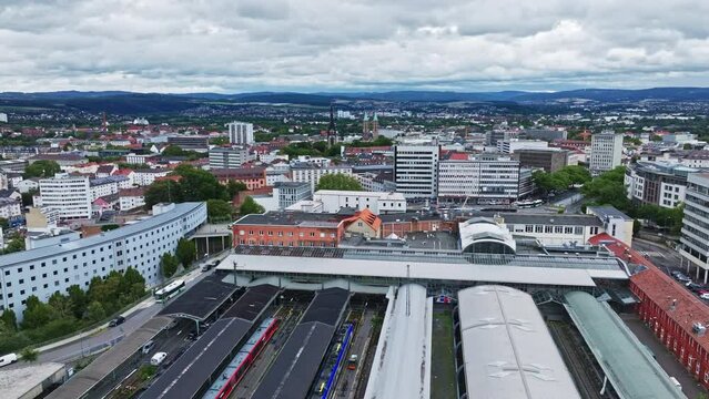 Aerial drone view of Kassel Hauptbahnhof in the German state of Hesse.
