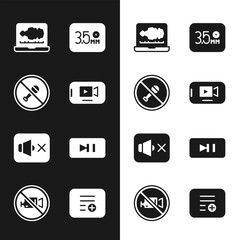 Set Online play video, Mute microphone, Sound or audio recorder, Audio jack, Speaker mute, Pause button, Add playlist and Prohibition no recording icon. Vector