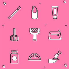 Set Cuticle pusher, Broken nail, Tube of hand cream, Nail scissors, file, Cosmetic bag, and Manicure lamp icon. Vector