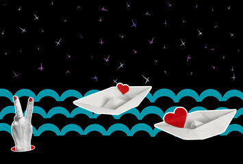 Fototapeta na wymiar Composite collage: Paper Boats of Love Under a Starry Sky