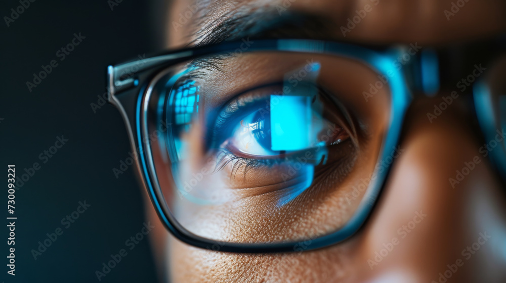 Poster a close-up view of an eye seen through a pair of glasses reflecting blue digital data and graphs, su