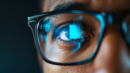 a close-up view of an eye seen through a pair of glasses reflecting blue digital data and graphs, suggesting a theme of technology and analytics