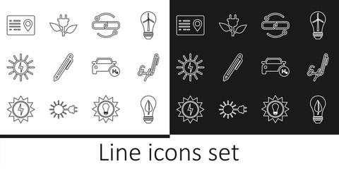 Set line Light bulb with leaf, Signature, Chain link line, Pen, Solar energy panel, Address book, Hydrogen car and Electric saving plug icon. Vector