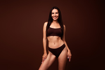 No retouch photo of adorable lovely confident woman feeling comfortable in fashion lingerie...