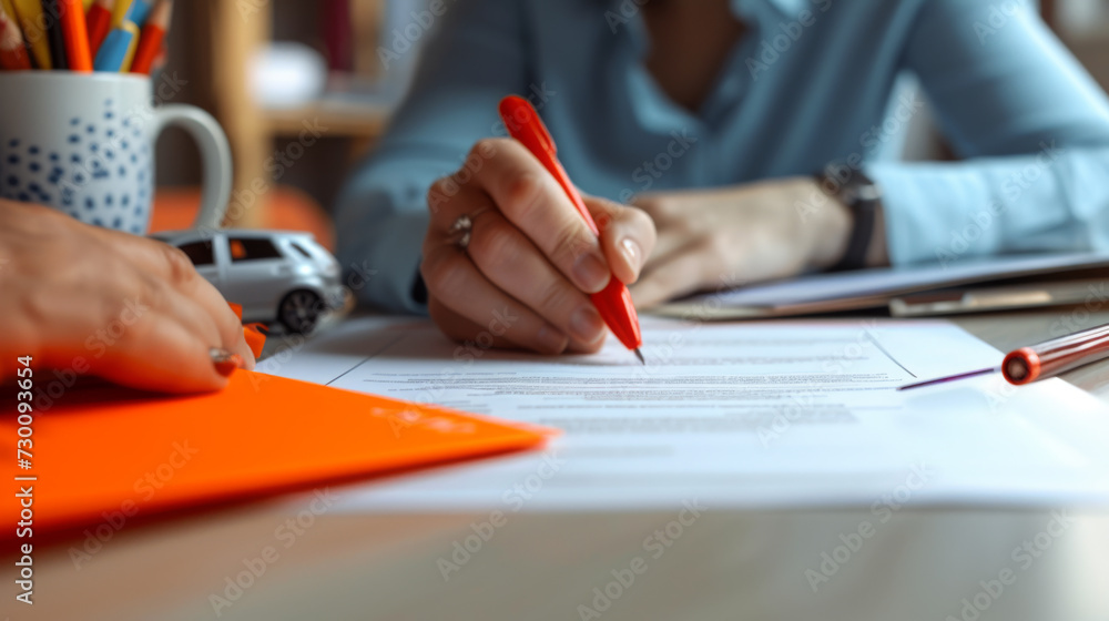 Poster a hand is signing a document with a red pen on a desk, with a focused view on the action of writing,