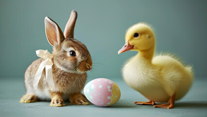 A brown rabbit with a festive ribbon and a yellow fluffy duckling sitting with painted egg on minimal background. Happy Easter holiday concept