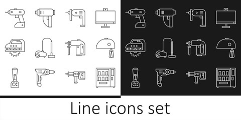 Set line Vending machine, Electric mixer, drill, Vacuum cleaner, circular saw, cordless screwdriver, Rotary hammer and industrial dryer icon. Vector