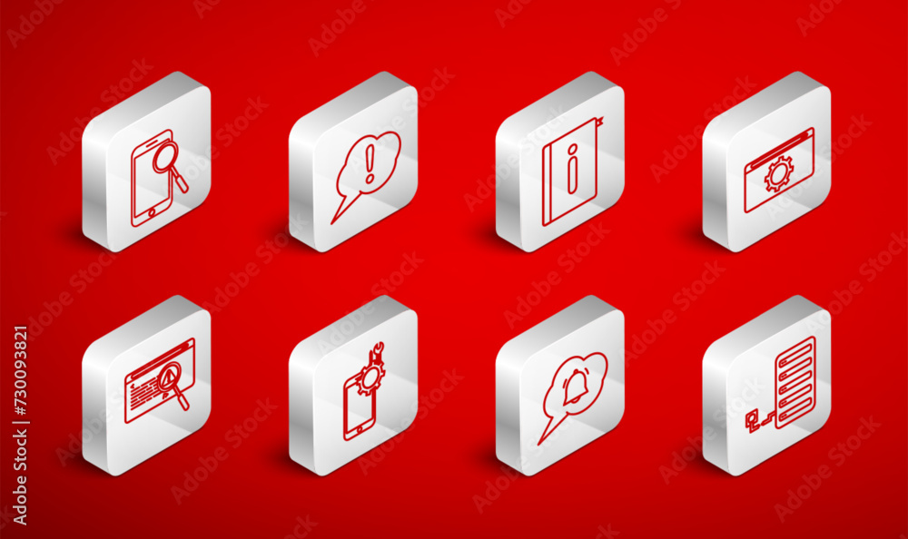 Poster set line server, speech bubble exclamation, user manual, setting, chat notification, mobile phone di