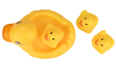 Toy yellow rubber duck with ducklings isolated on a transparent background. Top view.