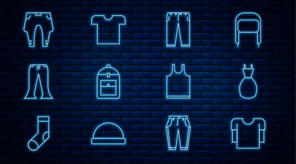 Set line Long sleeve shirt, Woman dress, Pants, Backpack, Sleeveless T-shirt and icon. Vector