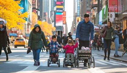 A group of people walking down a street.