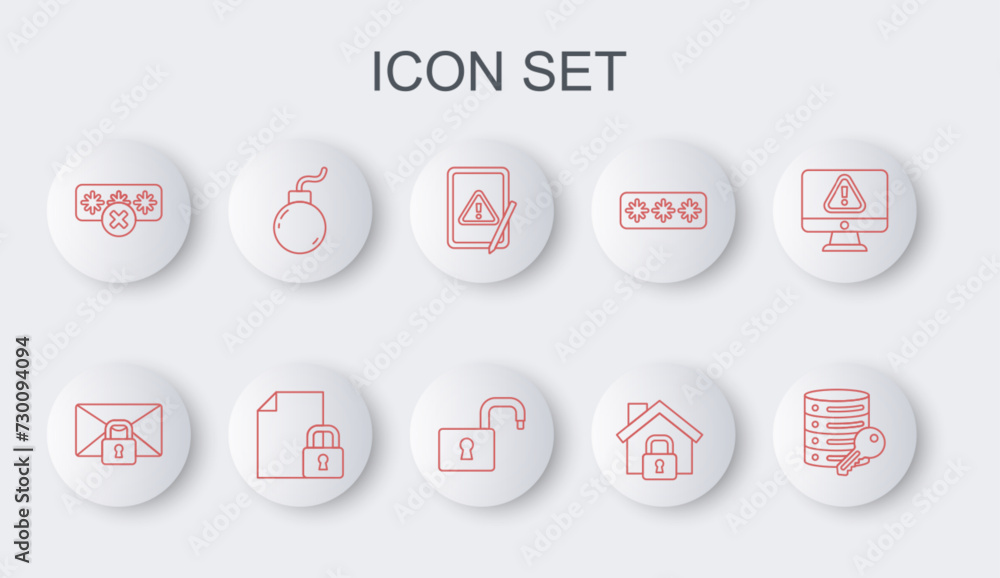 Poster set line server security with key, mail message lock password, tablet exclamation mark, house under 