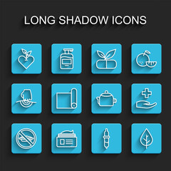 Set line Food no diet, Ointment cream tube, Heart, Pipette, Leaf, Fitness mat roll, Cross hospital medical and Kettle with handle icon. Vector