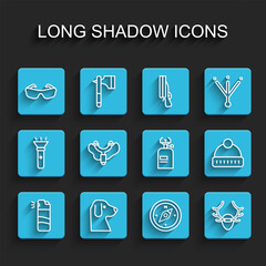 Set line Pepper spray, Dog, Glasses, Compass, Deer antlers on shield, Slingshot, Winter hat and Camping gas stove icon. Vector