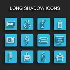 Set line Hairbrush, Aftershave, Bar of soap with foam, Cream or lotion cosmetic tube, Towel hanger, Hand mirror, Barbershop and icon. Vector