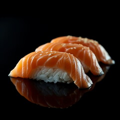 Salmon Japanese sushi close up shot. isolated on balck background.