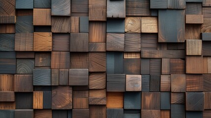 Textured wall made of wooden products with cubic shapes and various shades of wood. Textured wood background, wallpaper for design, covers and postcards