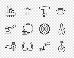 Set line Bicycle chain with gear, Unicycle or one wheel bicycle, seat, Sport cycling sunglasses, Tool allen keys, lock, pedals and icon. Vector © vector_v