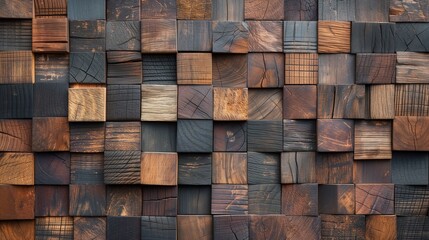 Textured wall made of wooden products with cubic shapes and various shades of wood. Textured wood background, wallpaper for design, covers and postcards