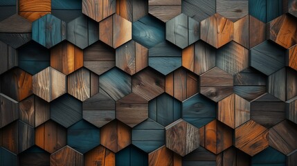 Textured wall made of wood products with hexagonal shapes and various shades of wood. Textured wood background, hexagon, wallpaper for design, covers and postcards