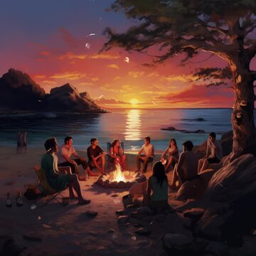 Beachside campfire at sunset o e0340fa8 b246 dfba13c3eaec