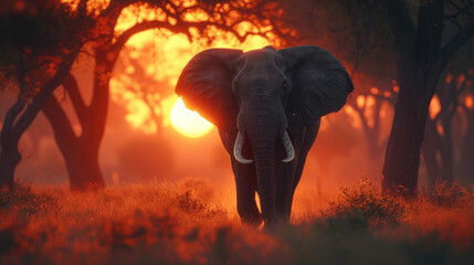 A herd of elephants strolls across the plain at sunset against the background of the sky and trees - obrazy, fototapety, plakaty