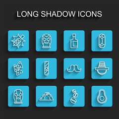 Set line Mexican wrestler, Volcano eruption with lava, Tabasco sauce, Coffee beans, Avocado fruit, Cigar, sombrero and Mustache icon. Vector