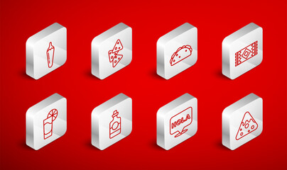 Set line Nachos, Taco with tortilla, Mexican carpet, Hola, Hot chili pepper pod, Tequila bottle and glass lemon icon. Vector © vector_v