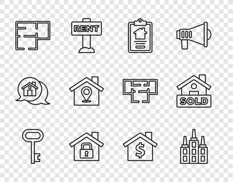 Set line House key, Skyscraper, contract, under protection, plan, Location with house, dollar symbol and Hanging sign text Sold icon. Vector