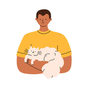 Man is holding a cute cat in her hands. Pet owner. Flat vector illustration.