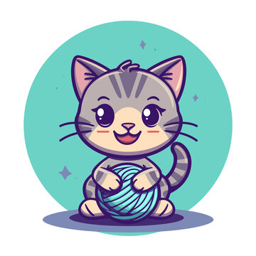 An isolated concept of a cartoon vector illustration depicting a playful cat with a yarn ball, presenting a flat logo design