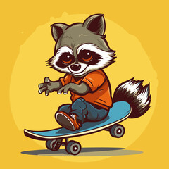 A flat design of a cute raccoon playing on a skateboard, depicted in a cartoon-style vector illustration.