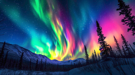 The night sky ablaze with the Northern Lights, swirling in an energetic dance of vivid colors, creating a breathtaking gradient that paints the celestial canvas. - obrazy, fototapety, plakaty