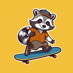 A flat design of a cute raccoon playing on a skateboard, depicted in a cartoon-style vector illustration.