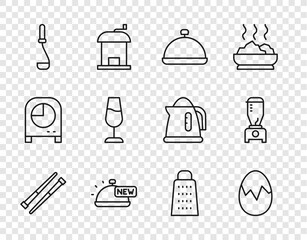 Set line Food chopsticks, Broken egg, Covered with tray of food, Kitchen ladle, Wine glass, Grater and Blender icon. Vector