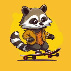 A flat design of a cute raccoon playing on a skateboard, depicted in a cartoon-style vector illustration.