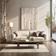 Interior design, a room in pastel colors, a picture on the wall, house plants, a living room with a sofa and a coffee table, imitation of real trees in the room
