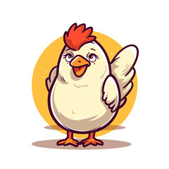 Illustration of a charming cartoon chicken in a flat logo design. Flat illustration