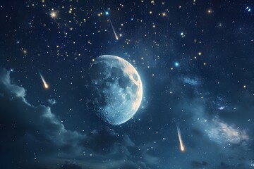 night sky moon and meteor shower Fairytale images, romance, beauty.Generative AI