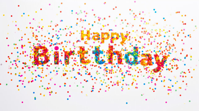 The words "Happy Birthday" spelled out with a cascade of bright, multicolored confetti against a white background.