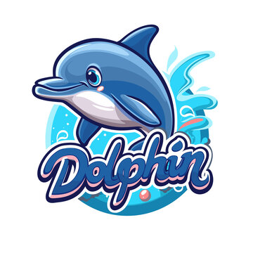Cute anime-style dolphin flat vector illustration logo