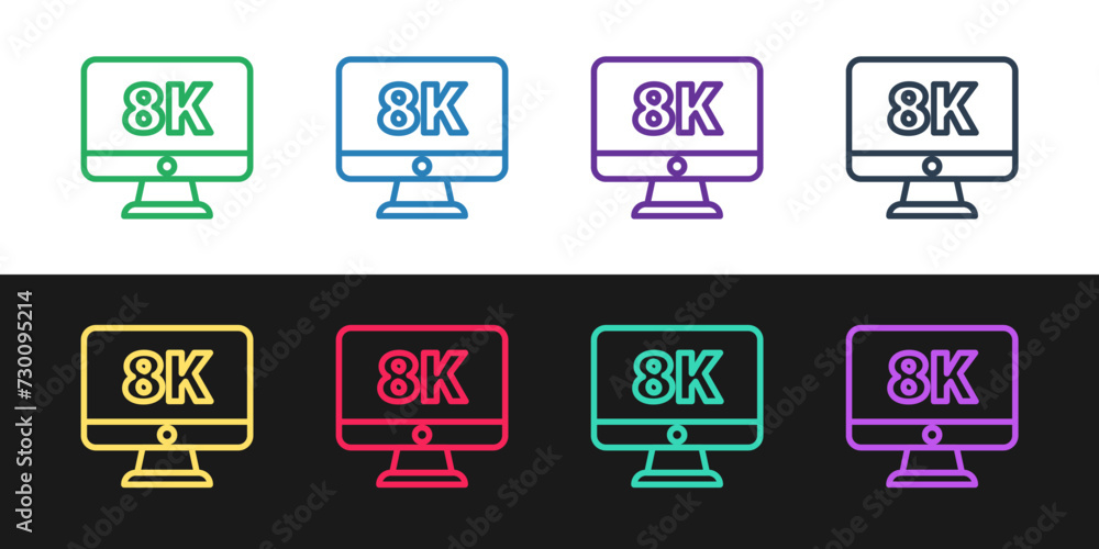 Poster set line computer pc monitor display with 8k video technology icon isolated on black and white backg