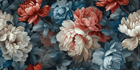 floral background. pattern of peonies flowers, in the style of dark still lifes in the Baroque style, dark background.