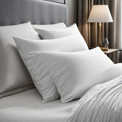 Crispy white pillows on white sheets, hotel room
