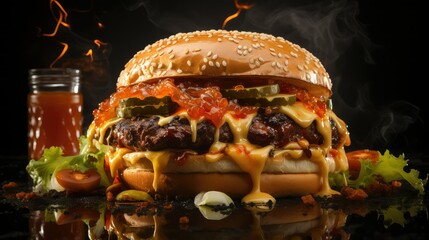 Classic deluxe cheeseburger with lettuce, onions, tomato and pickles on a sesame seed bun. - obrazy, fototapety, plakaty