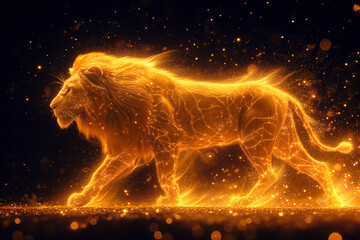 A sparkling fiery golden silhouette of a lion on a black background. The symbol of the zodiac sign is leo. Ai generative.